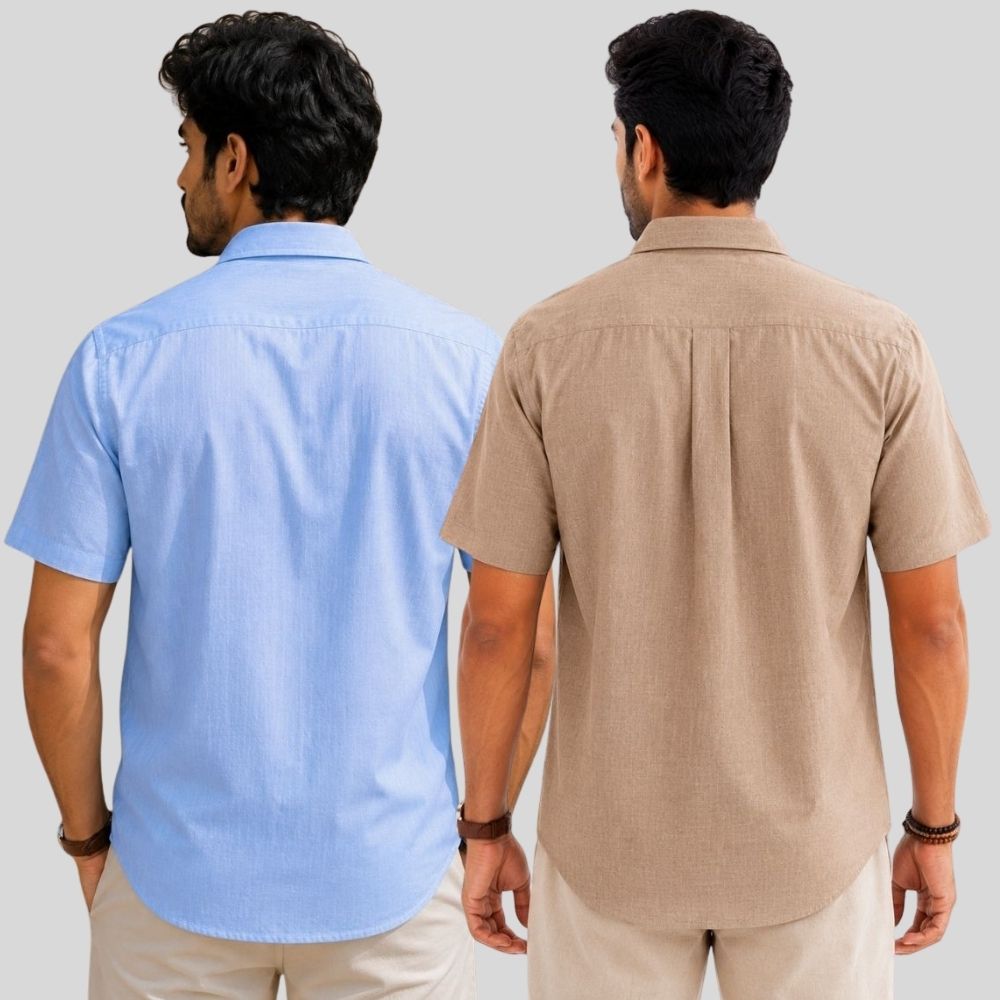 Combo of 2  Linen Half Sleeve Shirt Sky Blue and Dark Beige-51995