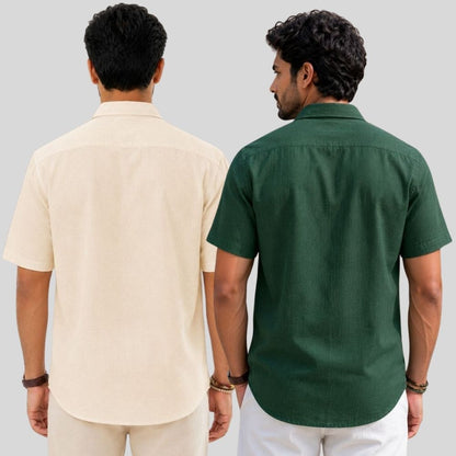 Combo of 2  Linen Half Sleeve Shirt Light Beige and Bottle Green-51997