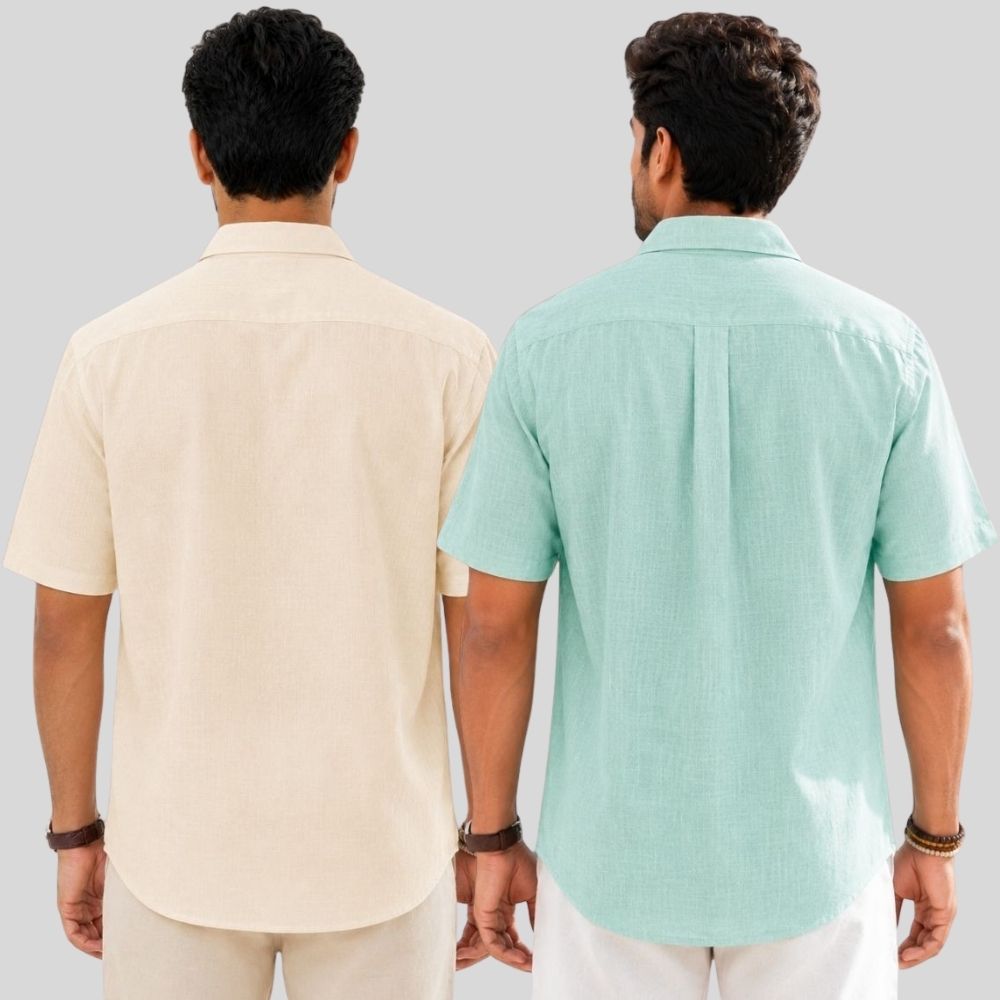 Combo of 2  Linen Half Sleeve Shirt Light Beige and Parrot Green-51998