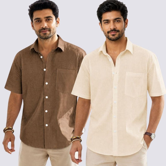 Combo of 2  Linen Half Sleeve Shirt Light Beige and Brown-51999