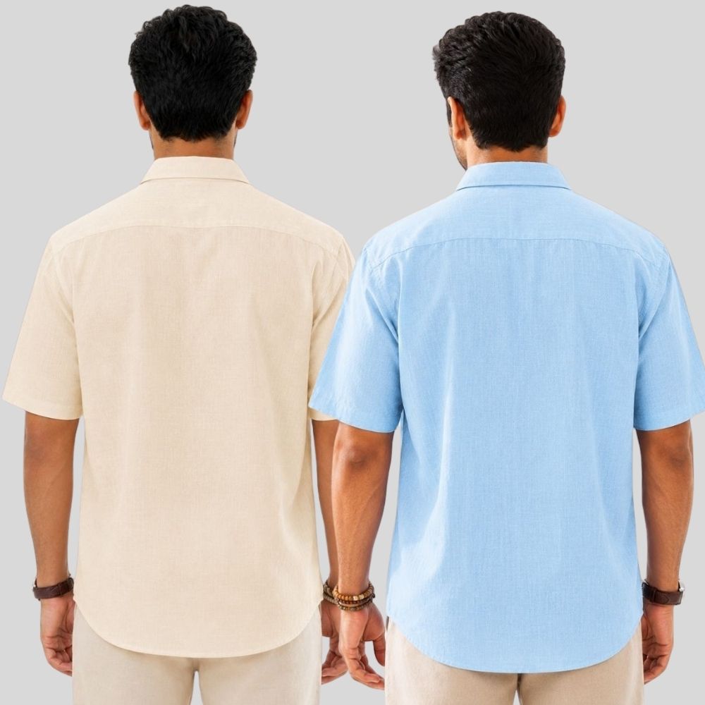 Combo of 2  Linen Half Sleeve Shirt Light Beige and Light Blue-52001