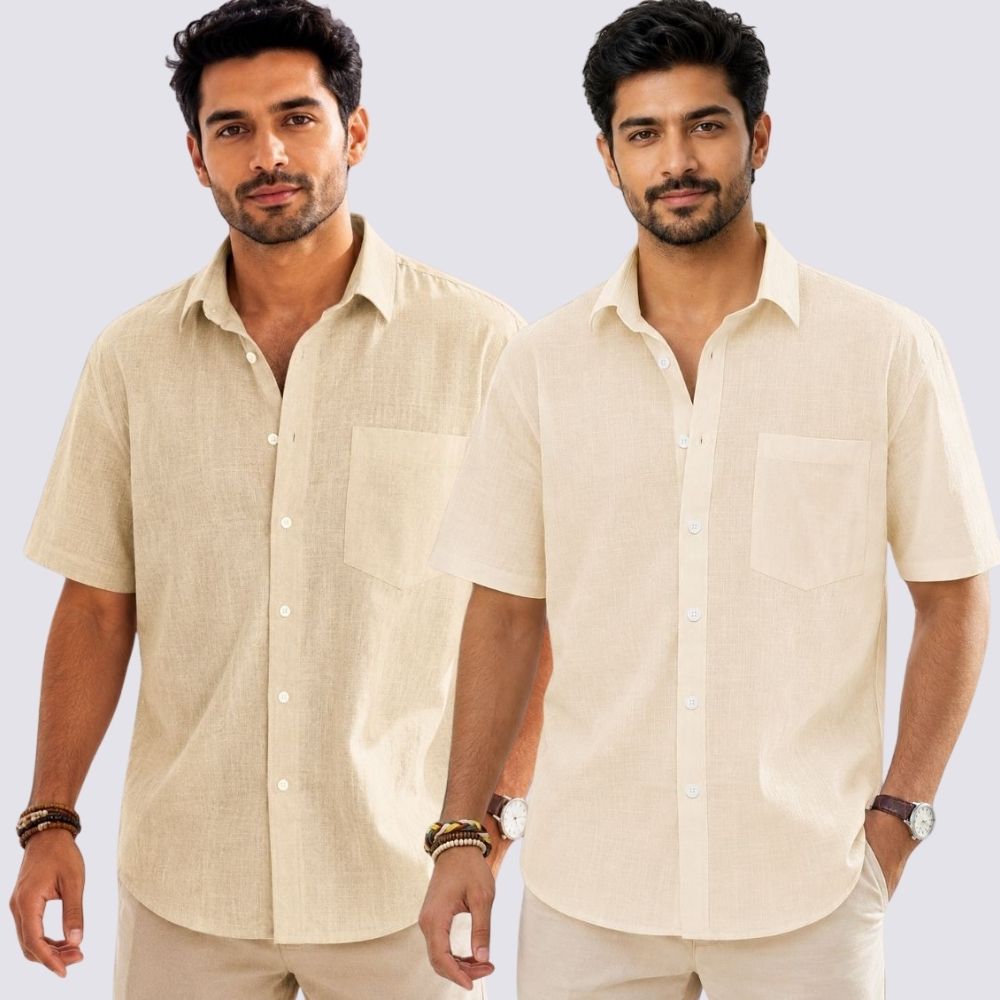 Combo of 2  Linen Half Sleeve Shirt Light Beige and Beige-52003