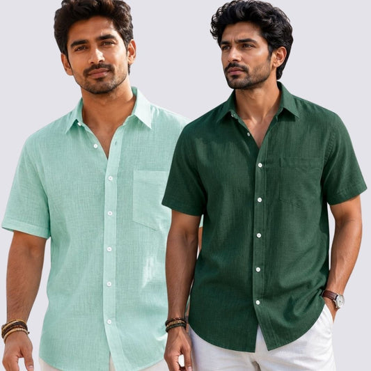 Combo of 2  Linen Half Sleeve Shirt Bottle Green and Parrot Green-52004