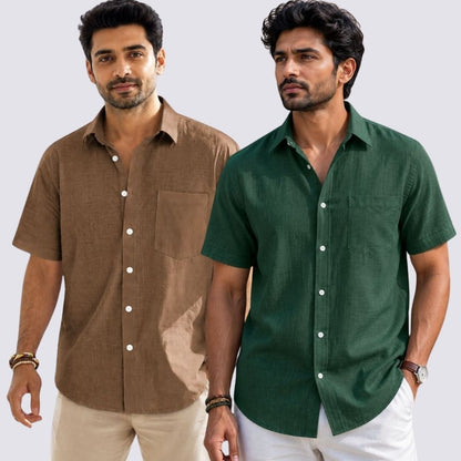 Combo of 2  Linen Half Sleeve Shirt Bottle Green and Brown-52005