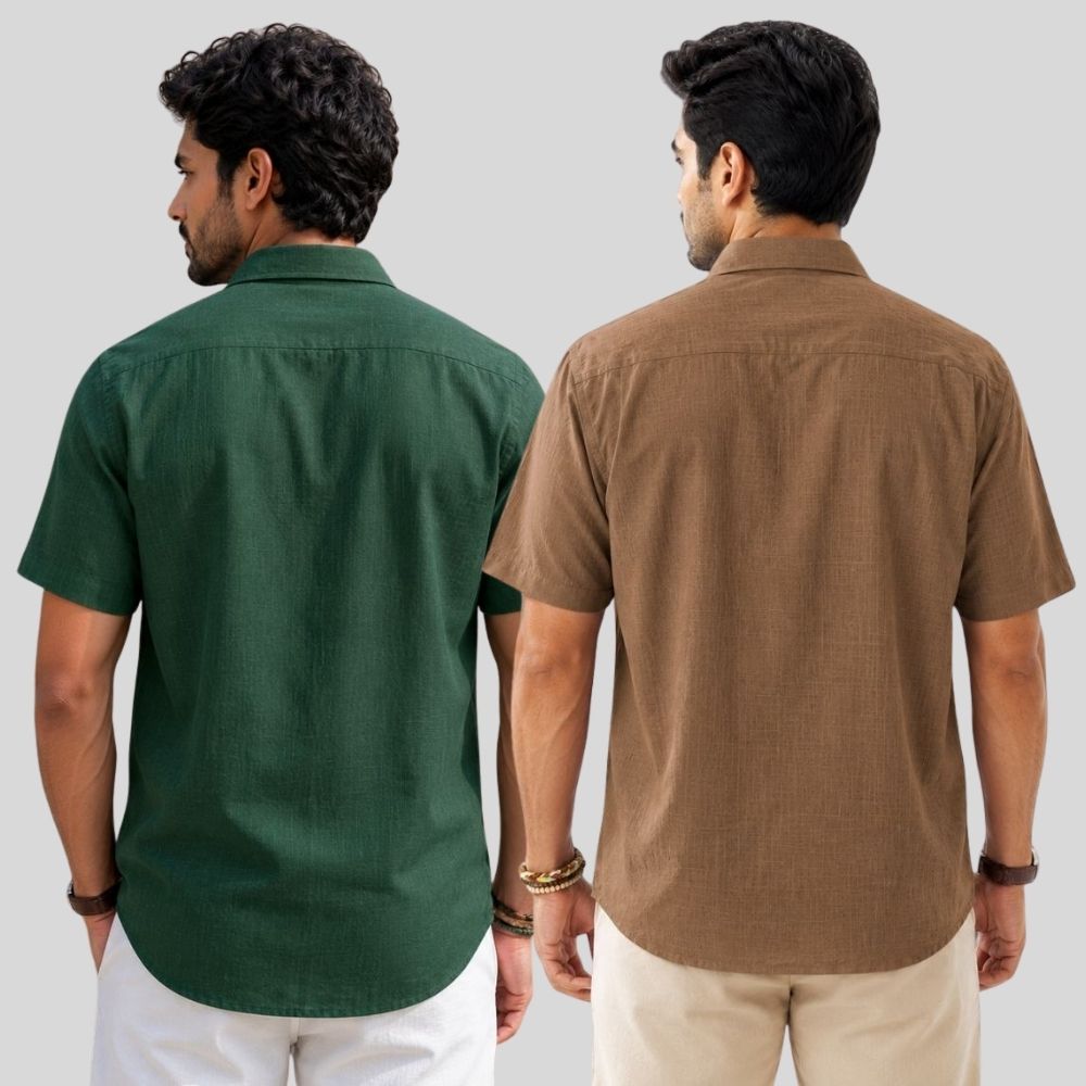 Combo of 2  Linen Half Sleeve Shirt Bottle Green and Brown-52005