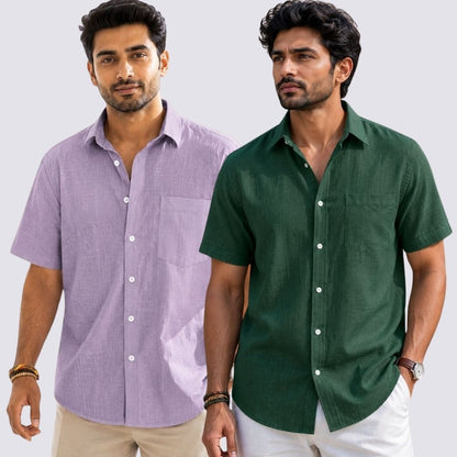 Combo of 2  Linen Half Sleeve Shirt Bottle Green and Purple-52006
