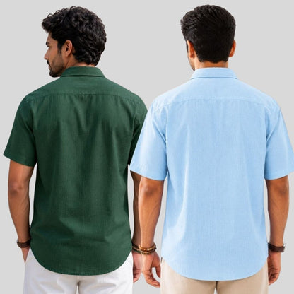 Combo of 2  Linen Half Sleeve Shirt Bottle Green and Light Blue-52007