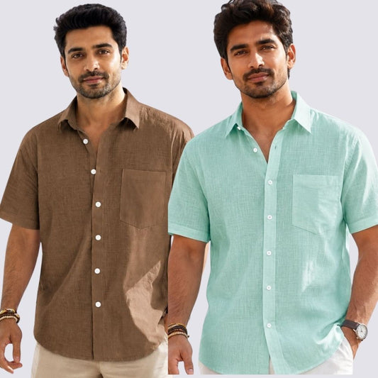 Combo of 2  Linen Half Sleeve Shirt Parrot Green and Brown-52010