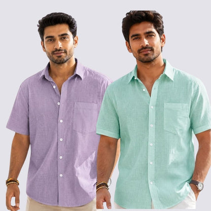 Combo of 2  Linen Half Sleeve Shirt Parrot Green and Purple-52011