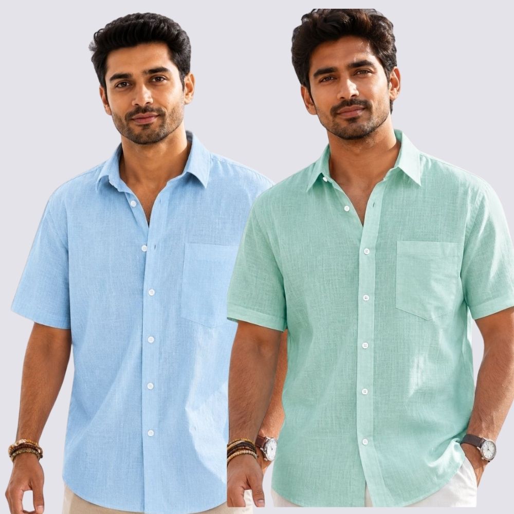 Combo of 2  Linen Half Sleeve Shirt Parrot Green and Light Blue-52012