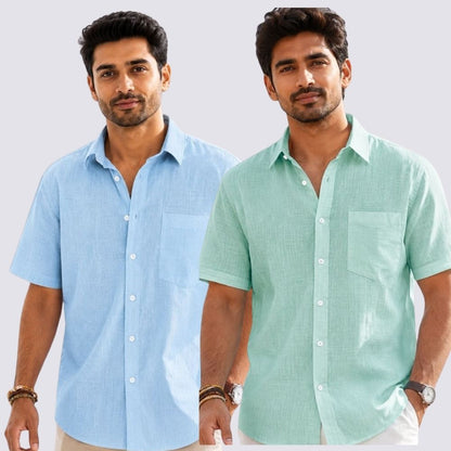 Combo of 2  Linen Half Sleeve Shirt Parrot Green and Light Blue-52012