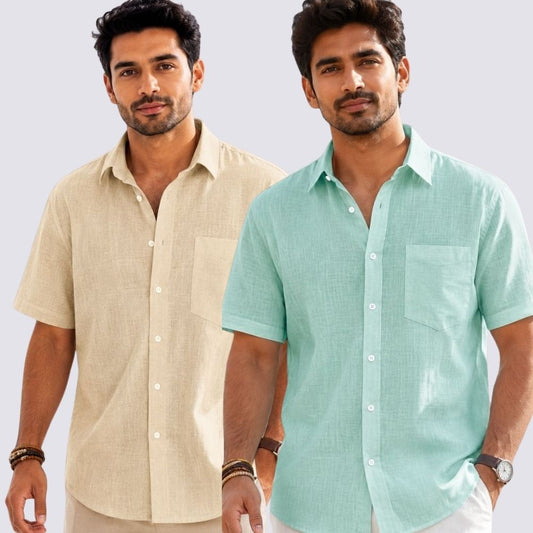 Combo of 2  Linen Half Sleeve Shirt Parrot Green and Beige-52014