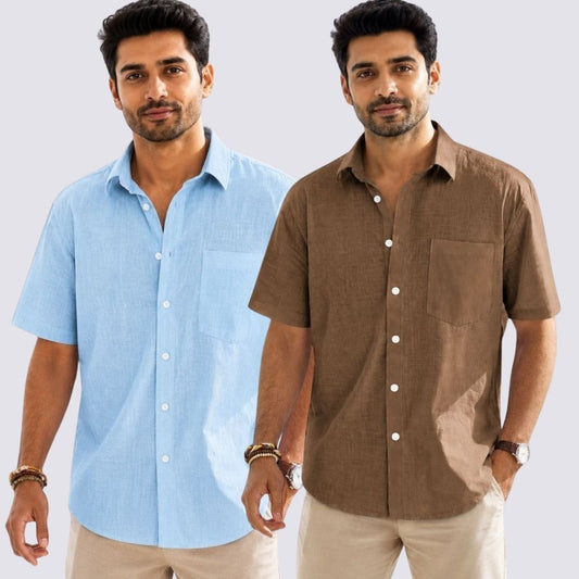 Combo of 2  Linen Half Sleeve Shirt Brown and Light Blue-52016