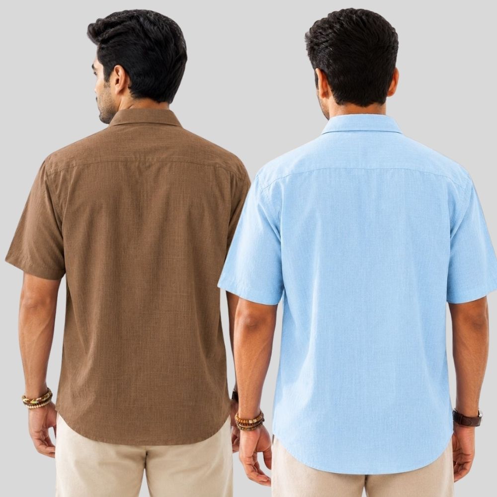 Combo of 2  Linen Half Sleeve Shirt Brown and Light Blue-52016
