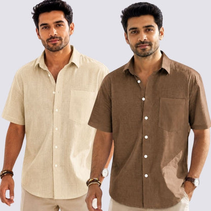 Combo of 2  Linen Half Sleeve Shirt Brown and Beige-52018