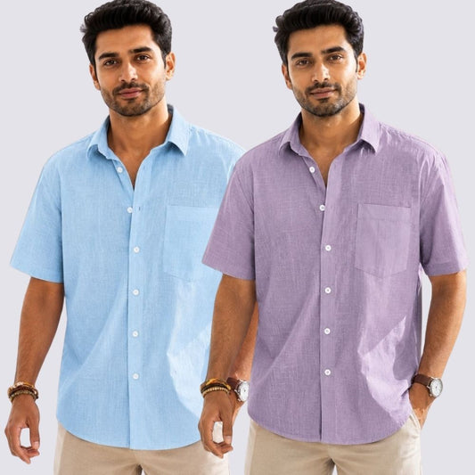 Combo of 2  Linen Half Sleeve Shirt Purple and Light Blue-52019