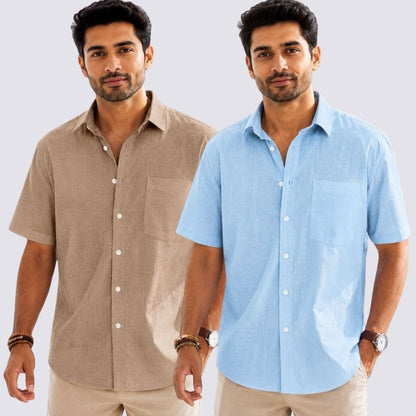 Combo of 2  Linen Half Sleeve Shirt Light Blue and Dark Beige-52022