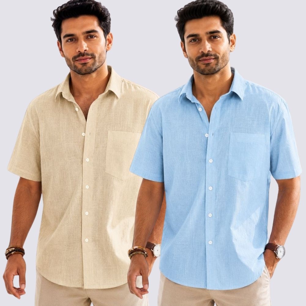 Combo of 2  Linen Half Sleeve Shirt Light Blue and Beige-52023