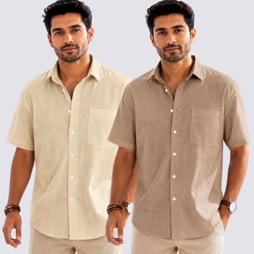 Combo of 2  Linen Half Sleeve Shirt Dark Beige and Beige-52024