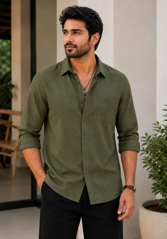 Army Green Cotton Linen Relaxed Fit Full Sleeve Shirt-51877