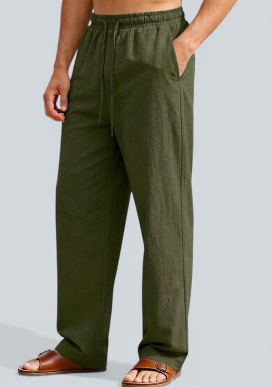 Army Green Premium Linen Relaxed Fit Loose Fit Men Pant-50872