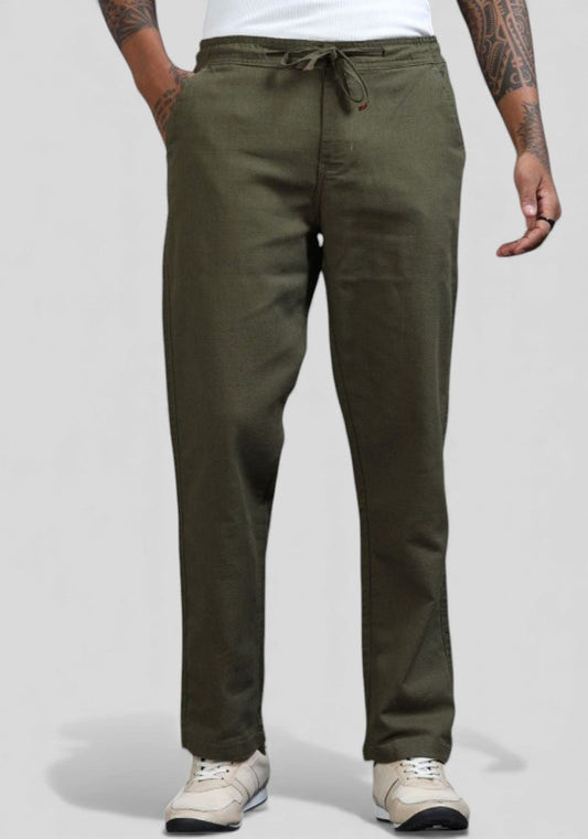 Army Green Premium Linen Relaxed Fit Loose Fit Men Trouser-50476
