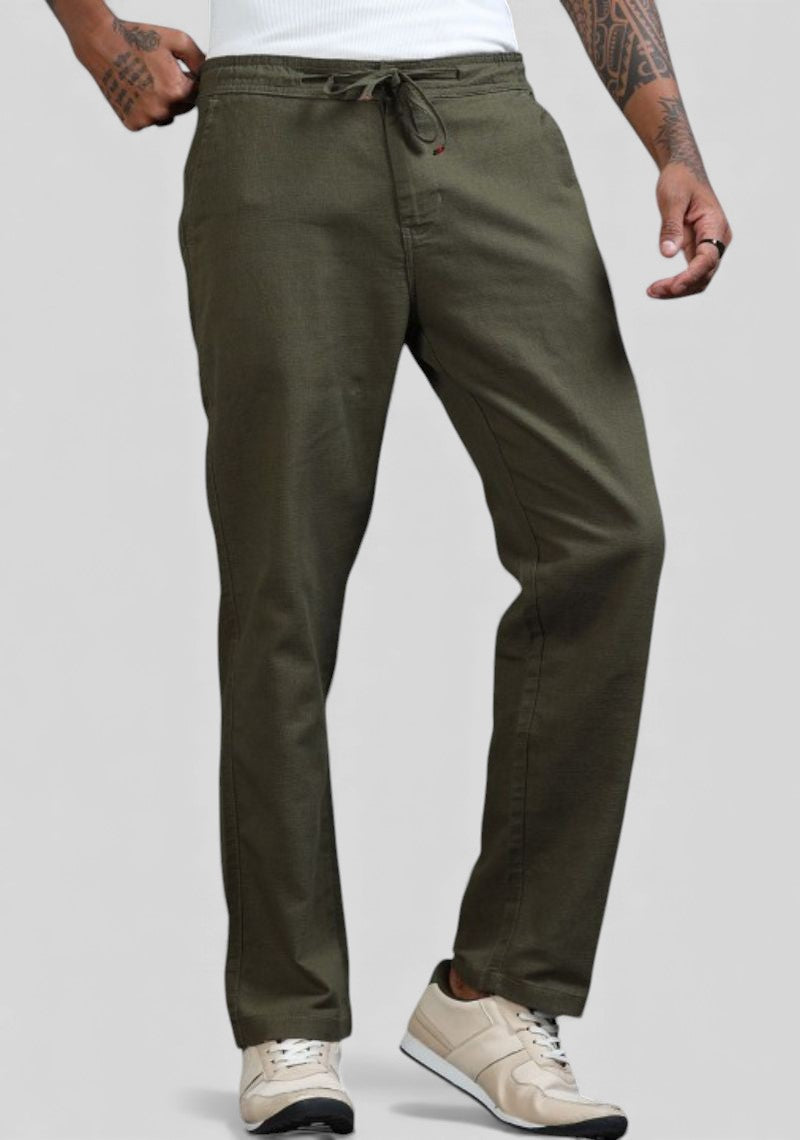 Army Green Premium Linen Relaxed Fit Loose Fit Men Trouser-50476