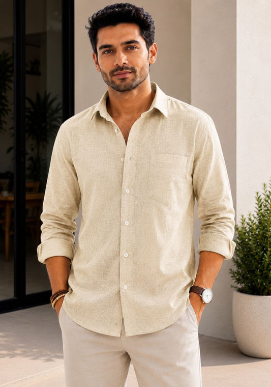 Beige Cotton Linen Relaxed Fit Full Sleeve Shirt-51884