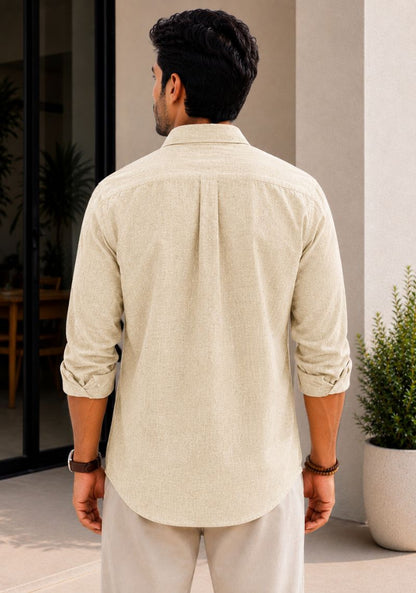 Beige Cotton Linen Relaxed Fit Full Sleeve Shirt-51884