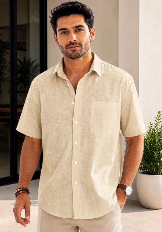 Beige Linen Relaxed Fit Half Sleeve Shirt-51720
