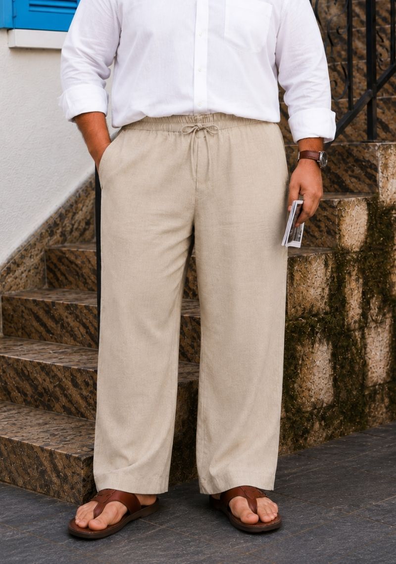 Beige Linen Plus SIze Relaxed Fit Men Pant-51563