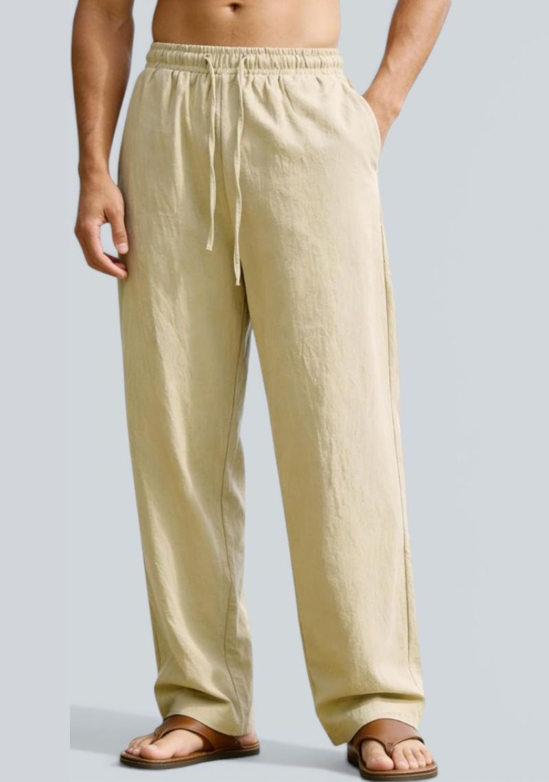 Beige Premium Linen Relaxed Fit Loose Fit Men Pant-50876