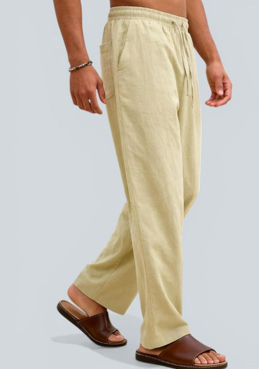 Beige Premium Linen Relaxed Fit Loose Fit Men Pant-50876