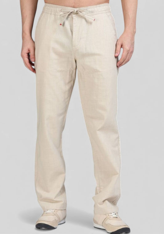 Beige Premium Linen Relaxed Fit Loose Fit Men Trouser-50472