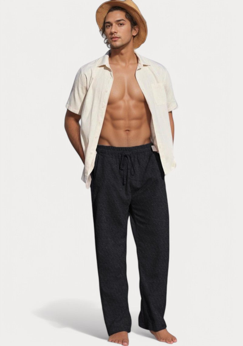 Black Cotton Linen Loose Fit Men Pant-49516