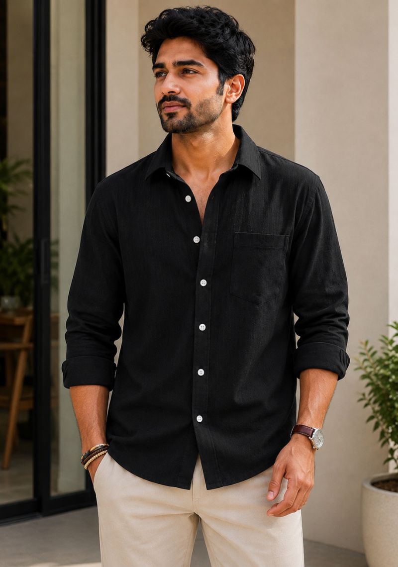Black Cotton Linen Relaxed Fit Full Sleeve Shirt-51879
