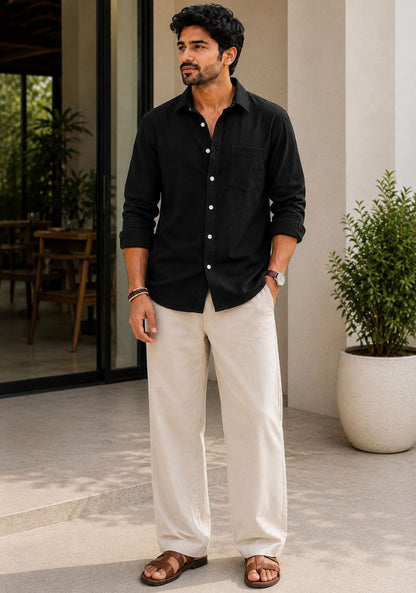 Black Cotton Linen Relaxed Fit Full Sleeve Shirt-51879