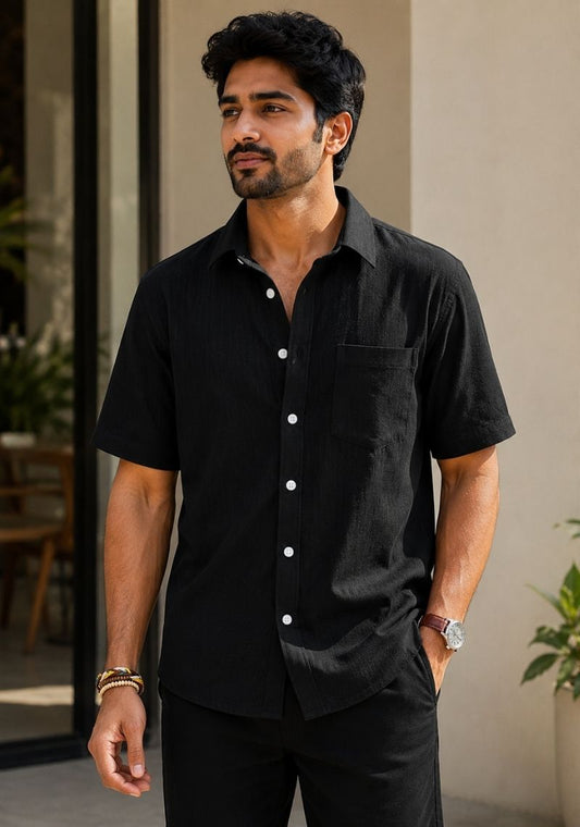 Black Linen Relaxed Fit Half Sleeve Shirt-51706
