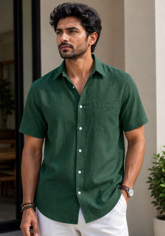 Bottle Green Linen Relaxed Fit Half Sleeve Shirt-51713