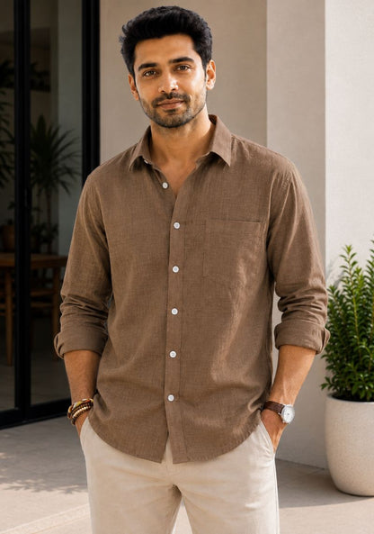 Brown Cotton Linen Relaxed Fit Full Sleeve Shirt-51881