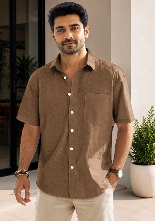Brown Linen Relaxed Fit Half Sleeve Shirt-51715