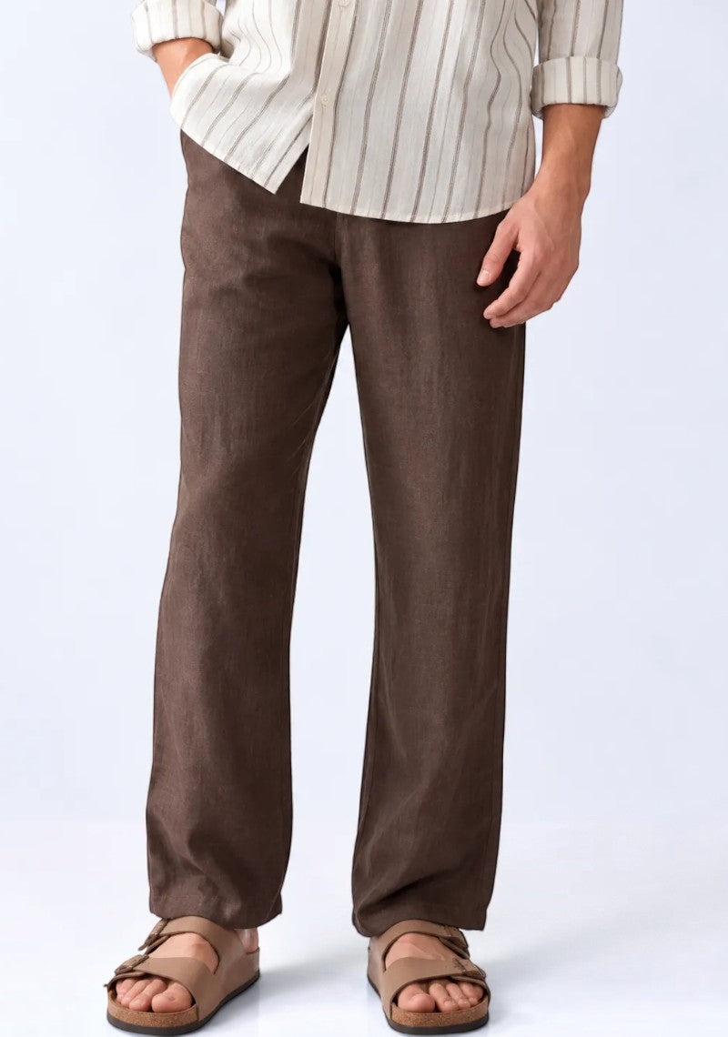 Brown Linen Loose Fit Men Pant-51893