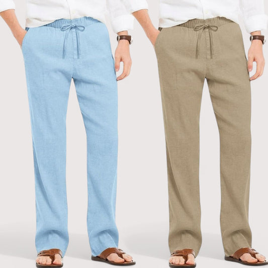 Combo of 2 Linen Loose Fit Men Pant Blue and Beige-49644