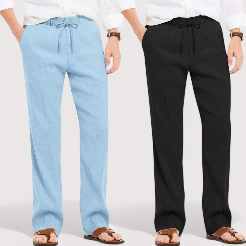 Combo of 2 Linen Loose Fit Men Pant Blue and Black-49645