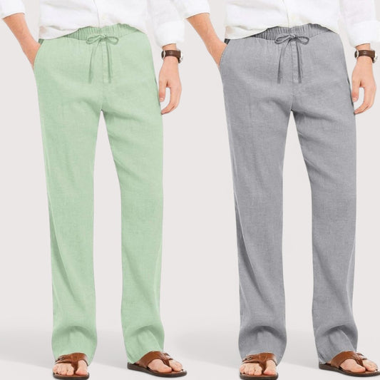 Combo of 2 Linen Loose Fit Men Pant Green and Gray-49621