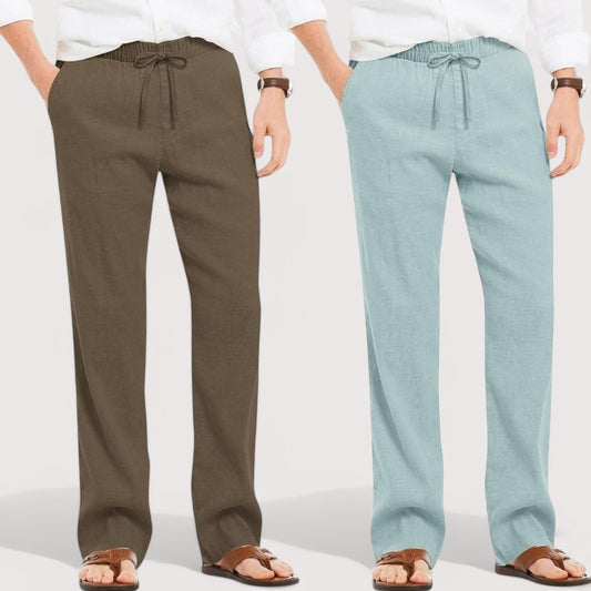 Combo of 2 Linen Loose Fit Men Pant Khaki and Cyan-49616