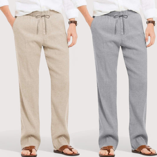 Combo of 2 Linen Loose Fit Men Pant Light Beige and Gray-49606