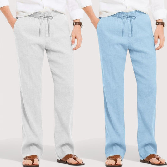 Combo of 2 Linen Loose Fit Men Pant Light Gray and Blue-49600