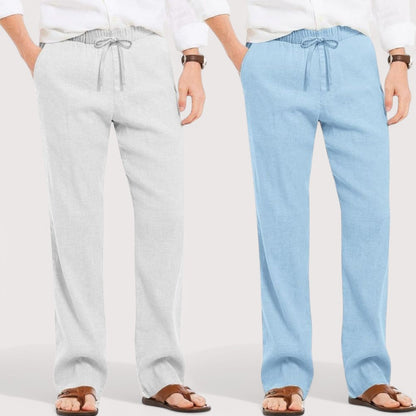 Combo of 2 Linen Loose Fit Men Pant Khaki and Blue-49617