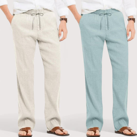 Combo of 2 Linen Loose Fit Men Pant Off White and Cyan-49566